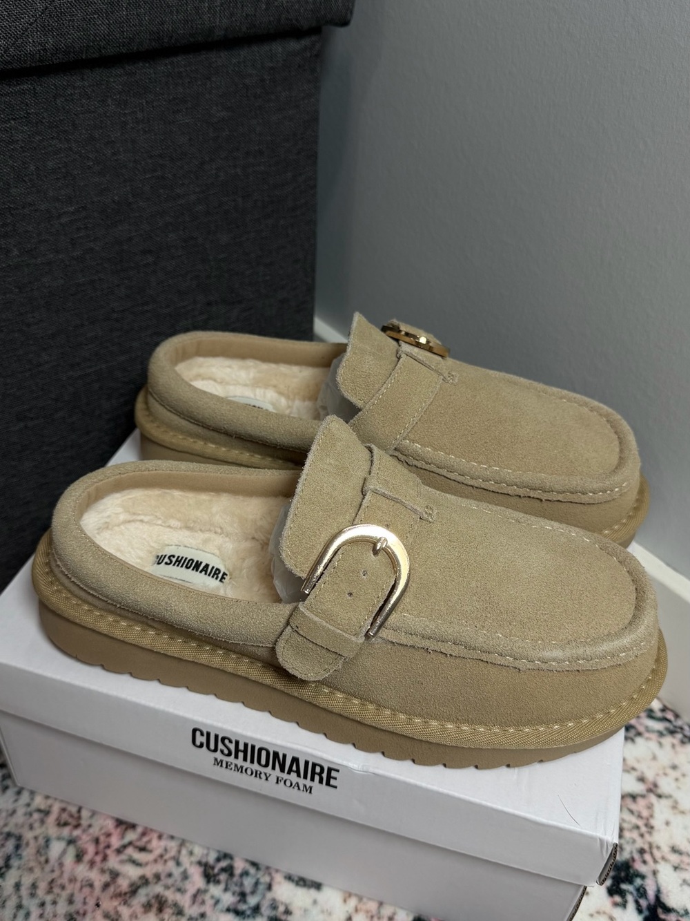 Suede Buckle Slip-On Slippers in Tan - Plush Lined Comfort